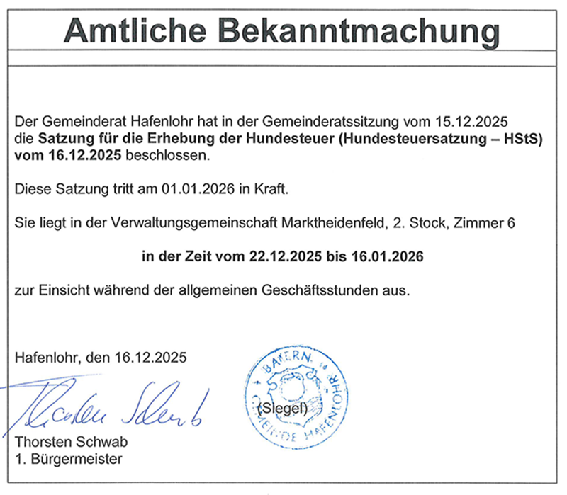 Hundesteuersatzung Bekanntmachung